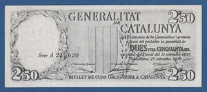 GENERALITAT -- 2,50 PESETAS (1936) -- VF+ -- SERIE A -- NUMEROS NEGROS - P.S591b - Imagen 1 de 2