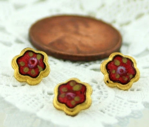 Set of 3 Antique Gold Diminutive Size Cranberry Red Enamel Pink Rose Buttons Cover