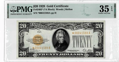 1928 $20 Gold Certificate *STAR* note- Fr. 2402* (*A Block) PMG 35 EPQ - Image 1 of 4