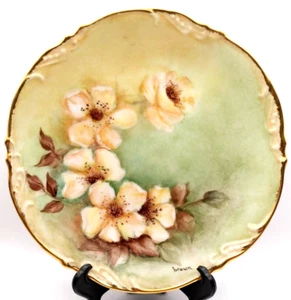Plato Floral Vintage Pintado a Mano 8.25" Firmado por el Artista "Marrón" Borde Dorado - Imagen 1 de 3