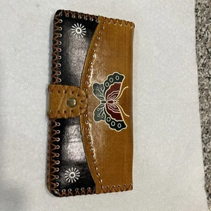 Tooled Leather Womens Wallet Lacing, Colorful, Butterfly, Zip Snap Card Holders - Picture 1 of 15