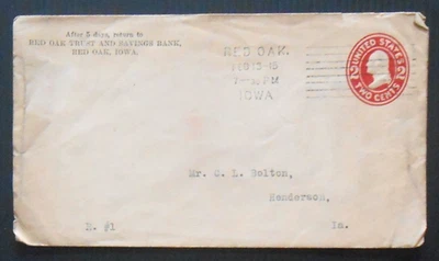 US 1915 2c Washington stamped cover, Red Oak, IA cancel-Red Oak Trust & Savings - Image 1 of 2