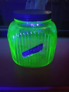 VTG 1930's Uranium Glass Cookie Jar W/Lid and Label Depression Hoosier Glass - Picture 1 of 13