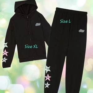 Victorias Secret Pink Fleece Set Full Zip Hoodie Sweatpants Black Stars Eyes HTF - Picture 1 of 9