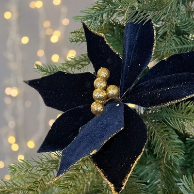 Navy Glitter Clip-on Poinsettia - 25cm