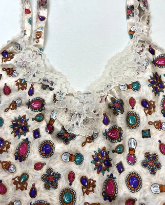 Vtg 90s Pinx Camisole Lingerie Top Ivory Lace Coquette Perfume & Jewels Print - Image 1 of 4