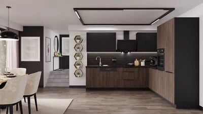 Winkelküche MONZA + SIENA 280x270 cm Küchenzeile Eckküche Küche Nußbaum Schwarz - Bild 1 von 4