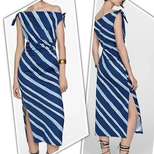 Mango Women's Summer Bare Shoulders Striped Blue Cotton Dress. Size 12. New. - Picture 1 of 22
