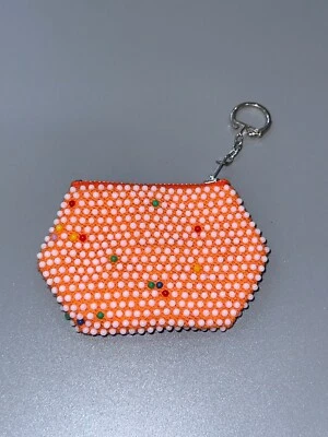 Vintage 1970’s Girls Zippered Beaded Coin Purse plastic beads orange and white - Image 1 of 4