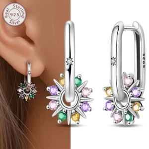 KUNSIR Sterling Silver Colorful CZ Sun Hoop Huggie Earrings For Women Jewelry - Picture 1 of 6