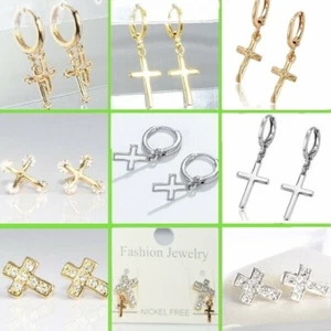 SALE 9ct 9K Gold Filled Men Girl Dangle Cross Earring Birthday Xmas Gift E/605 - Picture 1 of 21