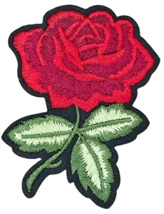 RED ROSE FLOWER ON STEM WITH GREEN LEAVES FLORAL IRON ON PATCH JACKET JEANS - Picture 1 of 2