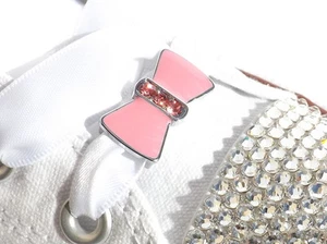 Pair of Pink & Crystal Bow Shoe Charms & 120 White Satin Ribbon Shoelaces Laces - Picture 1 of 3