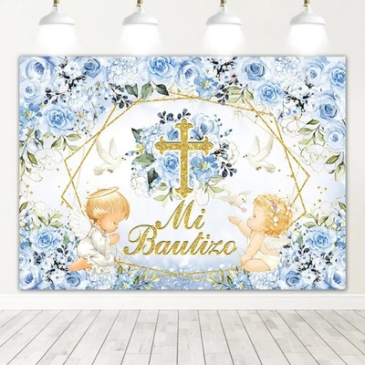 Telón de fondo de bautismo Mi Bautizo Dios bendiga primera comunión fondo azul fl... Foto 1 de 4