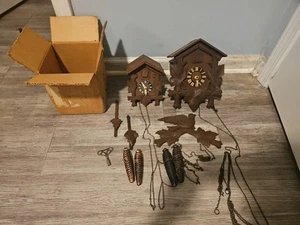 Two Vintage Germany Hubert Herr Triburg Black Forest Cuckoo Clocks Antique Parts - Picture 1 of 8