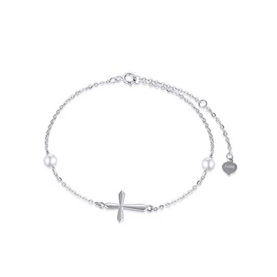 Золотой браслет с крестом 14 карат для женщин, настоящий жемчуг религиозное золото белое золото - Изображение 1 из 4