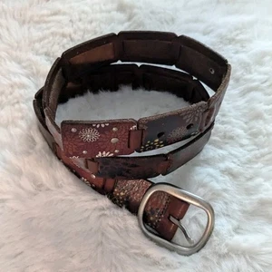 Floral Boho Genuine Leather Belt Silver Square Buckle Size M - Picture 1 of 11