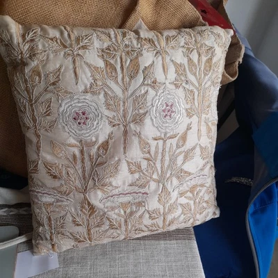 cream Silk Cushion Floral Motif Filled 26cm - Image 1 of 4
