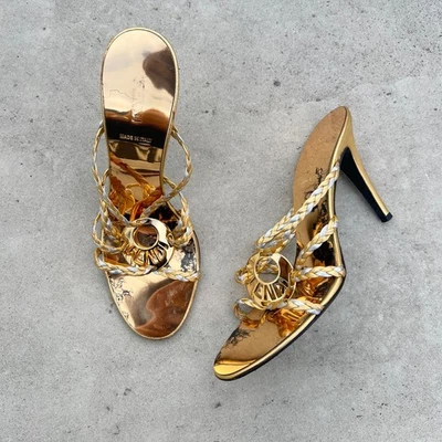 Fendi | Authentic Vintage Gold Silver Logo Hardware Braided Strappy Heels (37.5) - Image 1 of 4