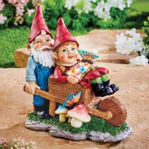 Hand-Painted Solar Garden Gnomes With Cart Yard Statue - Picture 1 of 1