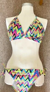 Heller mehrfarbiger 2-teiliger Bikini Badeanzug mit Krawatte Slip Größe 10, 14, 16 - Bild 1 von 2