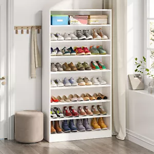 8 Tier White Entryway Shoe Cabinet Freestanding Wood Shoe Rack with Open Storage - Picture 1 of 25