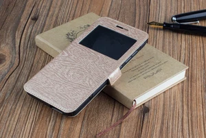 FUNDA CARCASA LIBRO VENTANA LG K5 TACTO MADERA VENTANILLA DORADO - Imagen 1 de 1