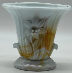 Vintage Akro Agate Slag Glass Vase Light Blue Orange Embossed Flowers - Picture 1 of 9