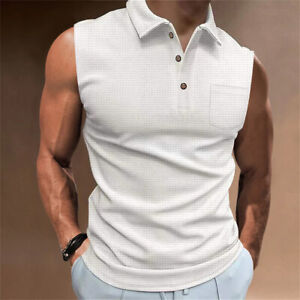 Mens Sleeveless Lapel Pocket Sports Casual Slim Fit Button Golf Shirt Tee Vest