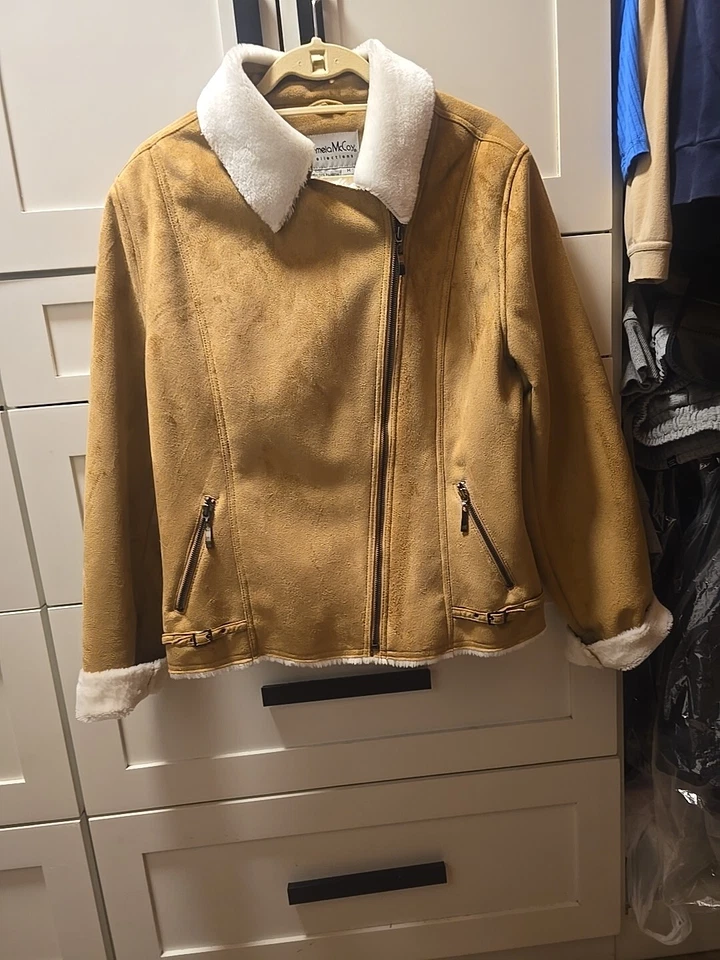 Pamel McCoy Collections 抓绒和麂皮绒棕褐色奶油色外套 非常柔软 ~ M  — 第 1/4 张图片