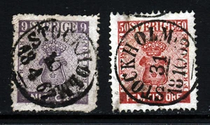 SWEDEN 1858 9 Ore Purple & 50 Ore Deep Lake Perf 14 SG 7 & SG 11 VFU CV £410 - Picture 1 of 2