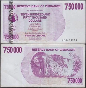 Simbabwe 750000 Dollar Inhaberscheck, 2007, P-52, gebraucht - Bild 1 von 3