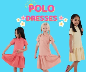 Girls Pique Polo Dress Short Sleeve Summer Dress - Picture 1 of 7