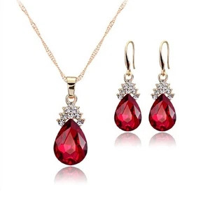 Yellow gold finish pearcut Ruby & cluster created diamond pendant and earrings - Picture 1 of 11