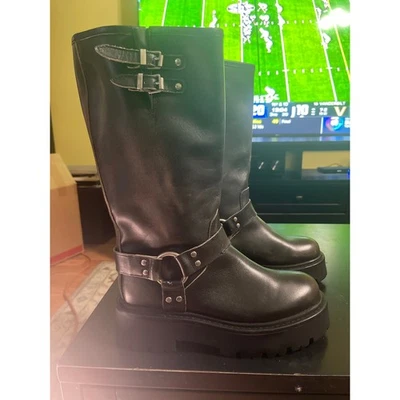 Botas de moto Steven Madden Raige negras de cuero envejecido hasta la rodilla. 8,5 M Foto 1 de 4