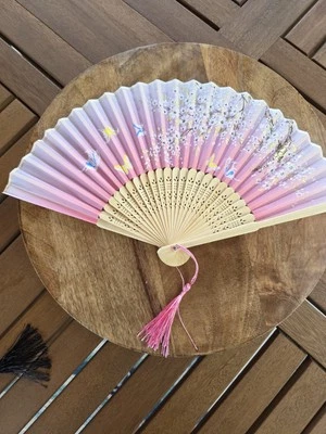 Silk And Bamboo Pink Floral And Butterfly  Folding Fan With Storage Pouch - Image 1 of 4
