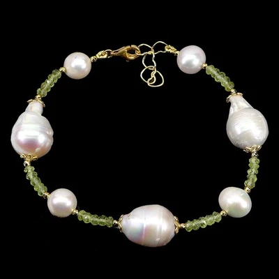 925 Sterling Silver Bracelet Round Peridot 3mm Pearl Gemstone Jewelry 6.5inches - Image 1 of 4