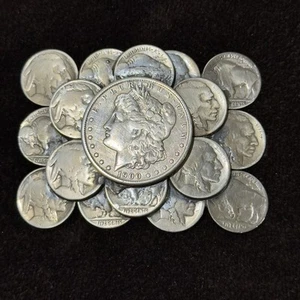๐WOW๐123.42 GRAMS Vtg 1900 Morgan Silver Dollar & Buffalo Nickel Belt Buckle - Picture 1 of 9