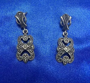 Orecchini pendenti vintage argento sterling - ART DECO REVIVAL marcasite SS244 - Foto 1 di 6
