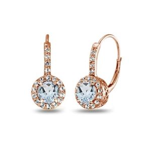 Round Halo Blue & White Topaz Leverback Earrings in Rose Gold Plated 925 Silver