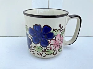 Japan Coffee Mug Tea Cup Glass *Raised Flowers* 3D Feel Impatiens Blue Pink - Picture 1 of 9