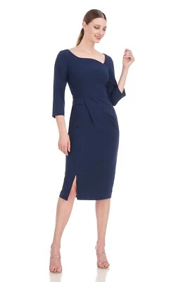 KAY UNGER Midnight Navy Anya Stretch Crepe Pleated Asymmetric Neck Midi Dress 14 — 第 1/4 张图片