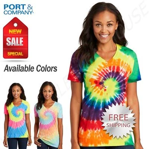 Port & Company Womens Tie-Dye 100% Cotton Standard Fit V-Neck T-Shirt LPC147V - Picture 1 of 17
