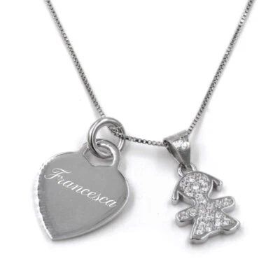 Collana Bebè Girl Medaglia Cuore con Incisione Personalizzata in Argento e Zirco - Immagine 1 di 3