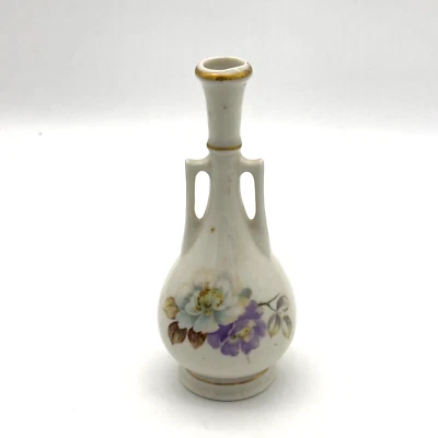 Vintage Mini handbemalte Vase Doppelhenkel floral Goldrand weiß mit Blumen - Bild 1 von 4