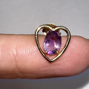 14k Gold Amethyst Earring  Heart SINGLE ONE Oval Stone Post Stud Signed - Picture 1 of 8