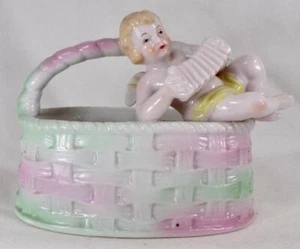 L & M Porcelain Figurine Cherub Playing Accordion Basket Pastel Colors Nice - Picture 1 of 10