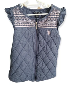 U.S. Polo Assn. Girls Vest Quilted Blue Chambray with Pink Embroidery Size XL 6x - Picture 1 of 6
