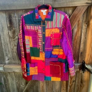 SANDY STARKMAN silk poly M patchwork JACKET brisht pink art you wear Hip length - Picture 1 of 4