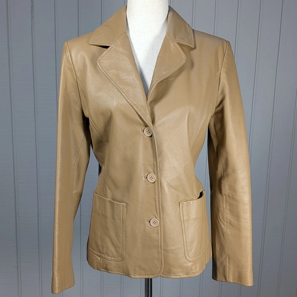 Vintage Y2K 100% Leather Beige Women's Button Jacket Size Medium by Rouge - Image 1 of 4